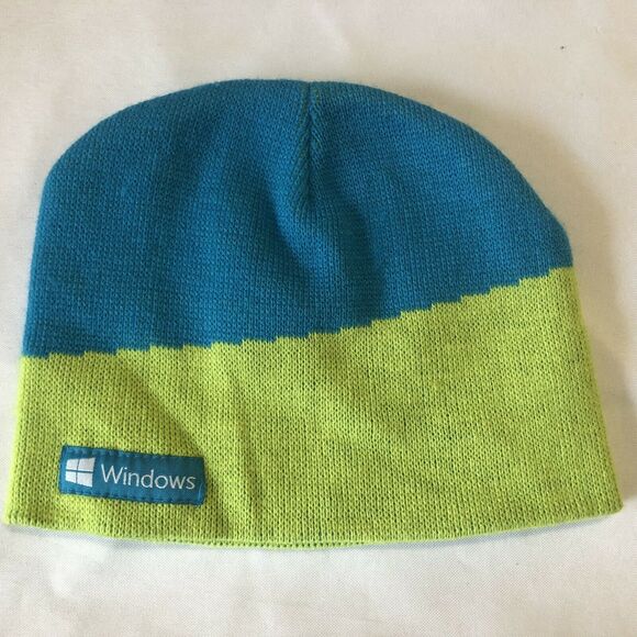 Microsoft Windows Beanie Skull Cap Unisex One Size Teal Blue & Lime Green Knit - Picture 1 of 8
